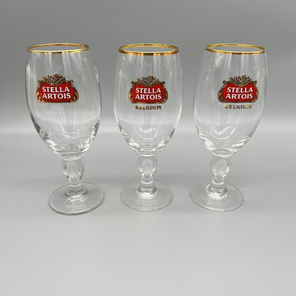 Stella Artois Chalice Beer Glasses Gold Rim 33cl Set of 3 Man Cave EUC - Picture 1 of 14